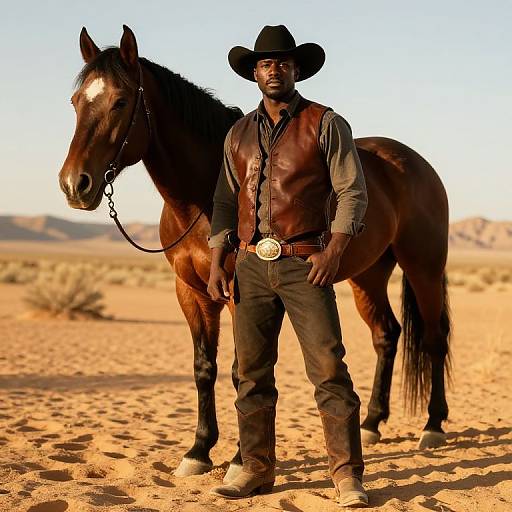 Photograph of a Black man in cowboy attire standing beside a brown horse in a desert, wearing a black hat and leather vest, with a belt buckle