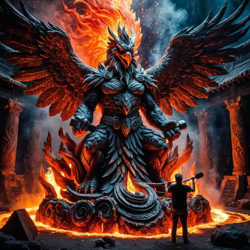 Surreal Fiery Phoenix Statue with Sculptor