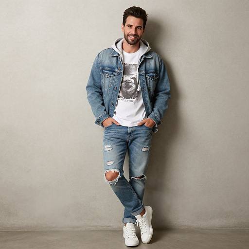 Photograph of a bearded man with short dark hair, wearing a denim jacket, white graphic tee, ripped jeans, and white sneakers, standing against