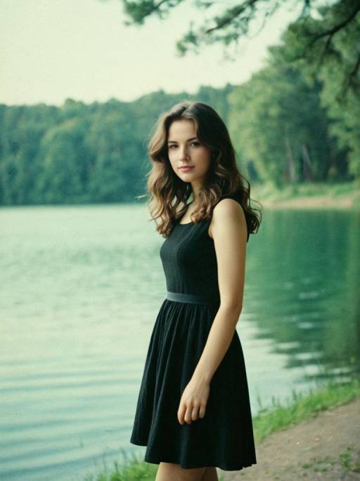 Young Woman by Lake in Black Dress
