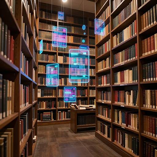 Photograph of a modern library with wooden bookshelves, colorful neon light installations, and a central reading desk, creating a blend of traditional and contemporary