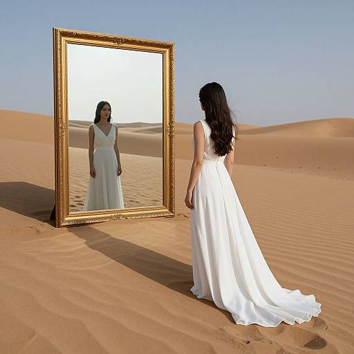 Photograph of a woman with long black hair wearing a white wedding dress, standing in a desert, reflecting in a large, ornate gold-framed