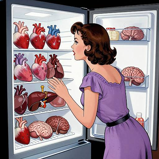 Illustration of a 1950s-style woman in a purple dress, standing in front of an open refrigerator with anatomically correct organs instead of groceries