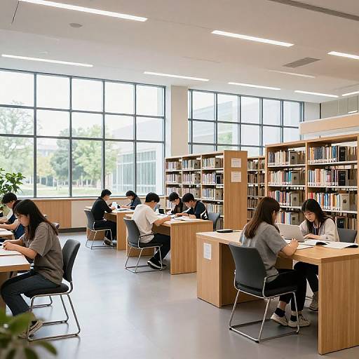 Photograph of a modern library with large windows, bright natural light, six students studying at wooden tables, and bookshelves filled with books in the