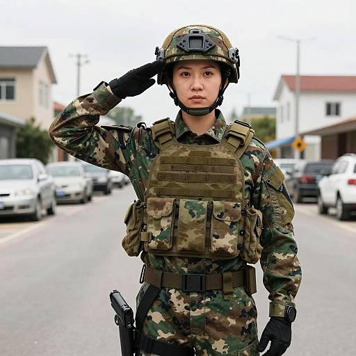 Photograph of an Asian female soldier in full camouflage uniform, helmet, and tactical gear, saluting on a suburban street. Cars and houses in the