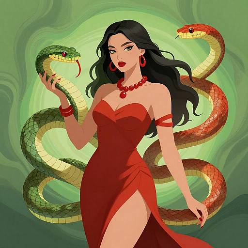 Vibrant Woman with Serpents Illustration