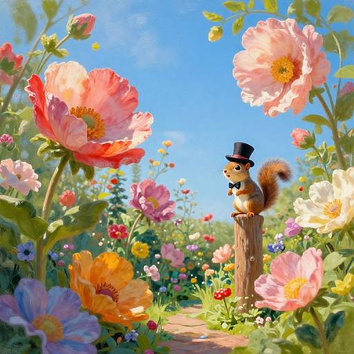 Impressionist Garden with Playful Squirrel