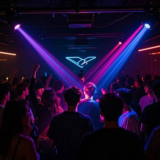 Photograph of a vibrant nightclub scene with a crowd of silhouetted people under purple and blue laser lights, neon 