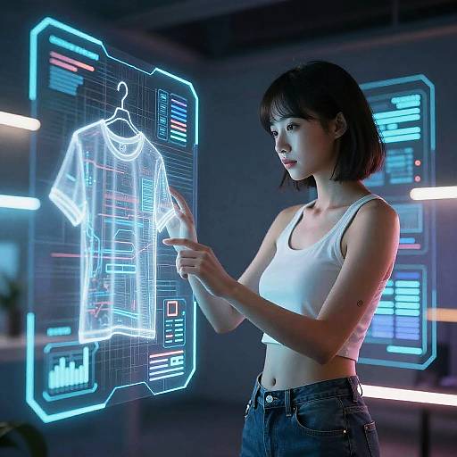 Neon-lit digital interface showing a virtual shirt; Asian woman with short black hair, white tank top, and jeans, interacting.