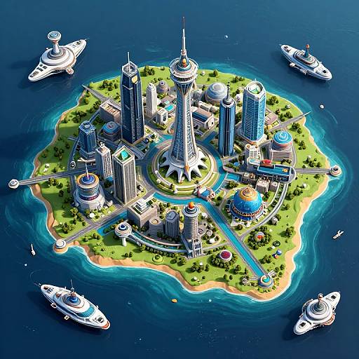 Digital art of a small island with futuristic skyscrapers, surrounded by blue water, with five white yachts circling. Vibrant colors, detailed