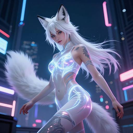 Digital CGI of a neon-lit, white-furred, anime-style fox girl with glowing body markings, large fox ears, and multiple tails, standing