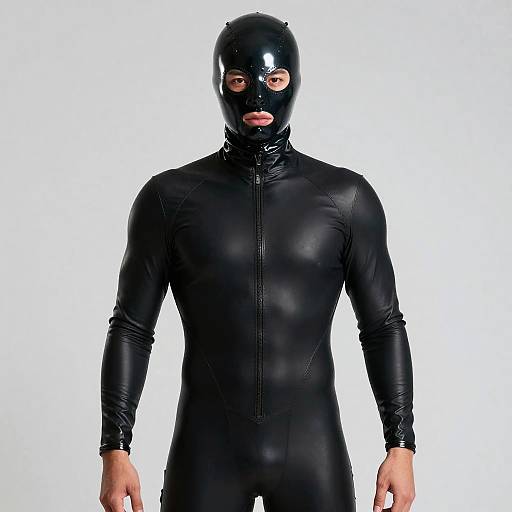 Photograph of a man in a shiny black latex full-body suit and matching hood, with a visible zipper, against a plain white background.