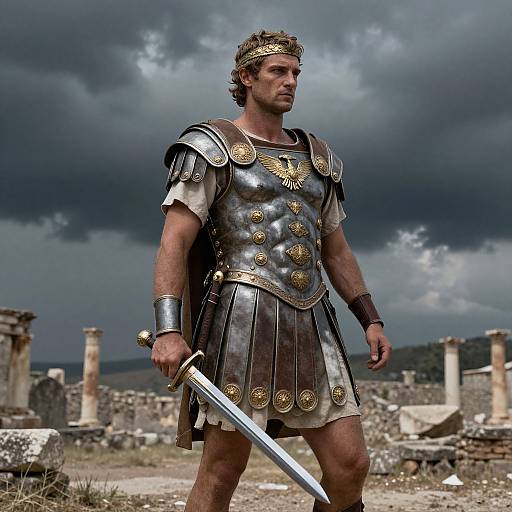 Photograph of a muscular man in ancient Roman armor, holding a sword, standing in a ruined, cloudy sky background.