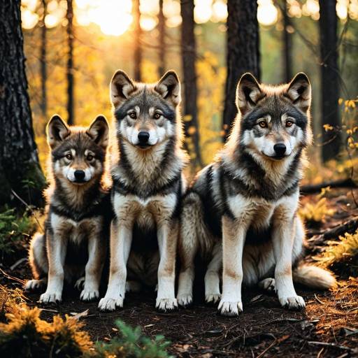 Three Wolf Pups in Sunlit Forest