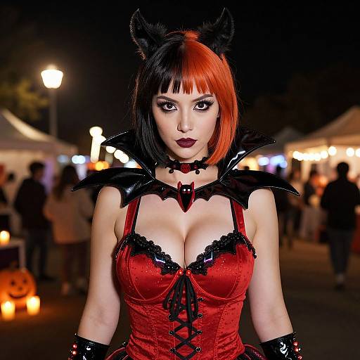 Photograph of a pale-skinned woman with bright red and black bob haircut, cat ears, red corset with black lace, and black bat wings