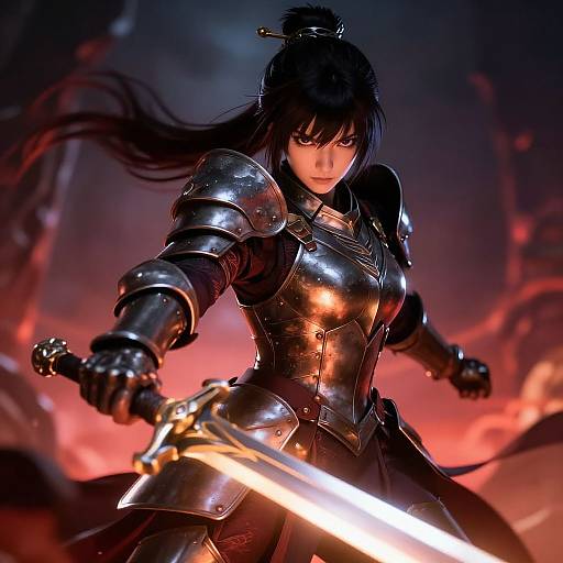 Digital artwork of a fierce, black-haired woman in shiny, black armor wielding a glowing sword against a fiery, dark background.