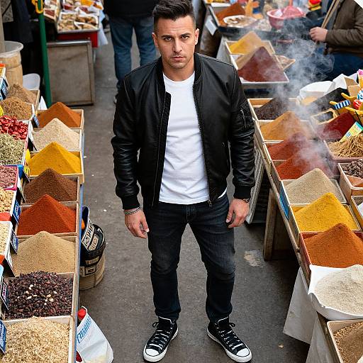 Photograph of a handsome man with short dark hair, wearing a black jacket, white tee, and black sneakers, standing among colorful spice bins with smoke