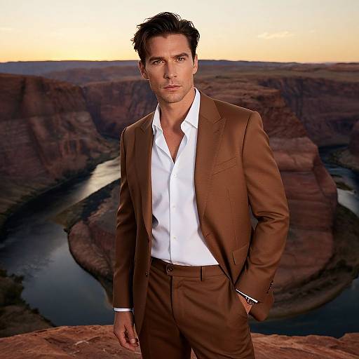 Photograph of a handsome man with dark hair, brown suit, white shirt, standing confidently against a sunset-lit Grand Canyon background.