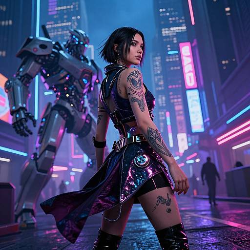 Cyberpunk street scene: tattooed woman in shiny black skirt and boots confronts a robotic figure, neon lights, futuristic city background.