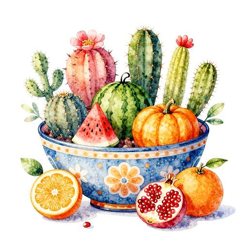 Colorful Watercolor Bowl with Cacti and Fruits