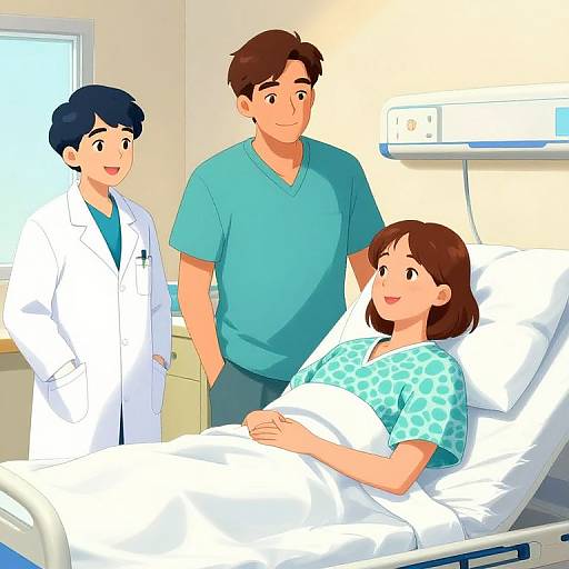 Digital illustration of a hospital room: smiling woman in green polka dot gown in bed, brown-haired, brown-eyed; standing father and son, doctor