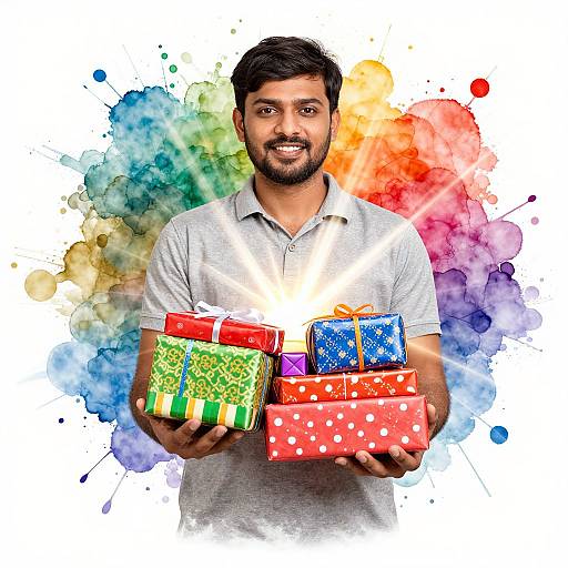 Indian Man Offering Colorful Gifts