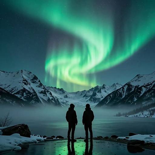 Photograph of two silhouetted figures standing by a frozen lake, gazing at vibrant green Northern Lights over snow-covered mountains.