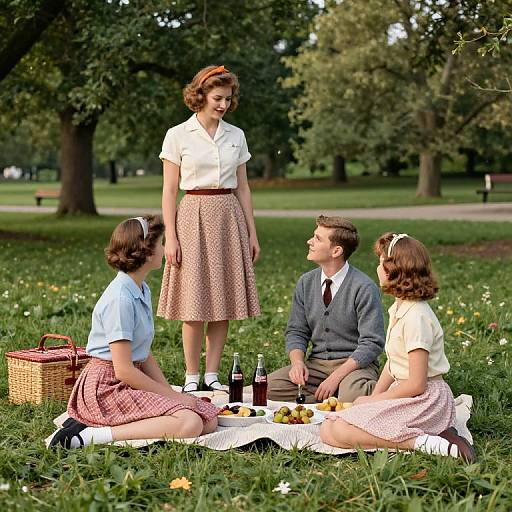 Photograph of a 1950s-style picnic in a park: three women and one man, dressed in vintage clothes, sit on a blanket with