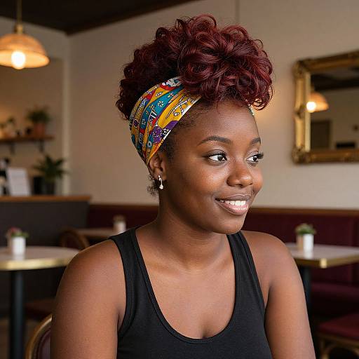 Photograph of smiling Black woman with dark red, curly hair in colorful headwrap, wearing black tank top, in warmly lit café.