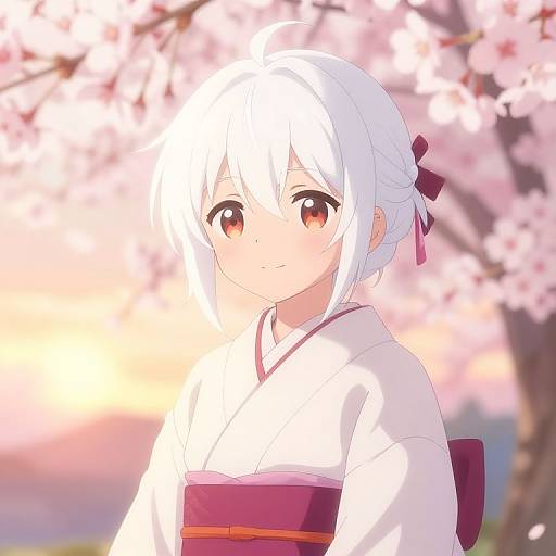 Anime-style digital drawing of a white-haired girl with red eyes, wearing a white kimono with a pink and red obi, standing in front of