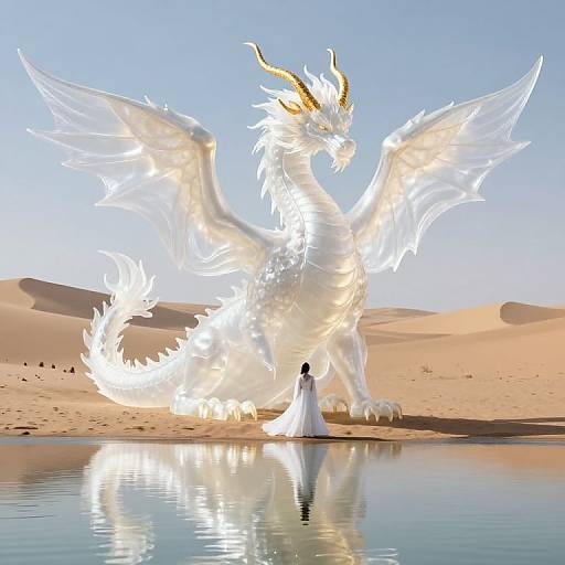 Digital artwork: A glowing white dragon with golden horns and wings stands by a reflective desert oasis, facing a silhouetted figure in a white robe