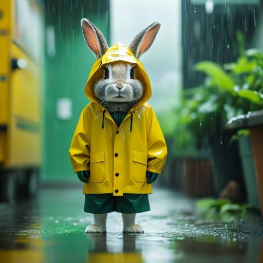 Rabbit in Yellow Raincoat Standing in the Rain