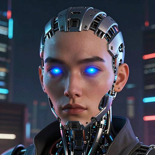 Futuristic Cyborg Face in Cyberpunk City
