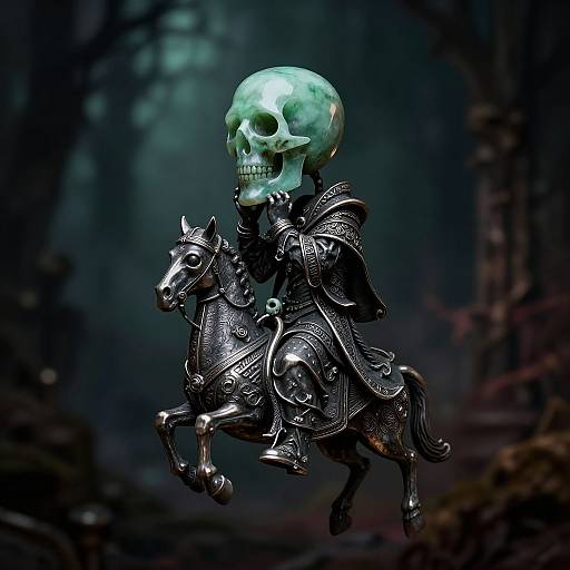 Digital artwork of a skeletal warrior with a glowing green skull, riding an ornate, metallic horse in a dark, misty forest.