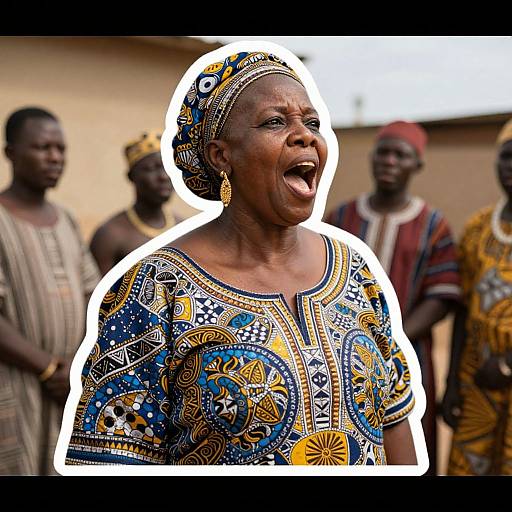 Photograph of an African woman passionately speaking, wearing a colorful, patterned dress and headscarf, surrounded by blurred background figures. Bright white outline