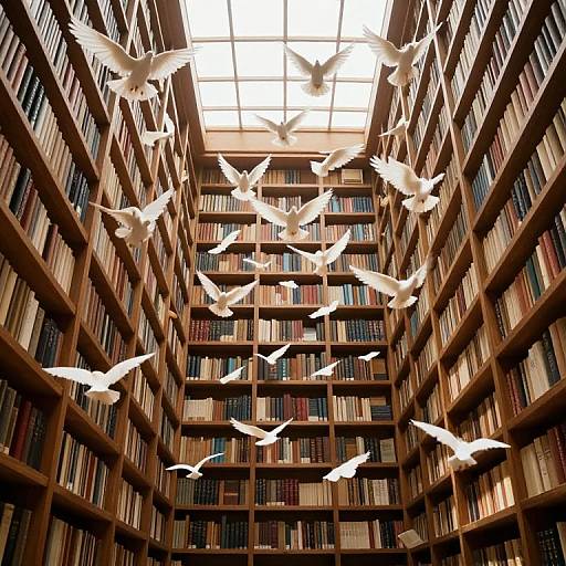 Photograph of a library with tall wooden bookshelves filled with books, viewed from below, showing white birds flying upwards towards a bright skylight