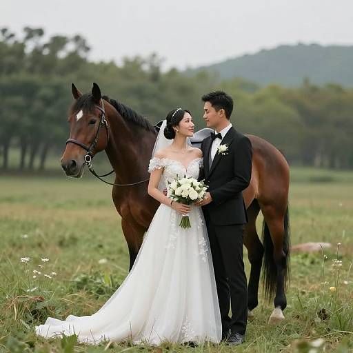 Photograph of an Asian bride in a white lace dress and black tuxedo groom standing beside a brown horse in a lush green field, holding white