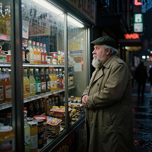 Photograph of an elderly white man with a white beard and flat cap, wearing a brown coat, standing in front of a brightly lit convenience store window