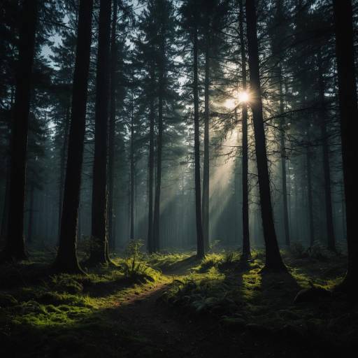 Mysterious Forest at Night with Fog