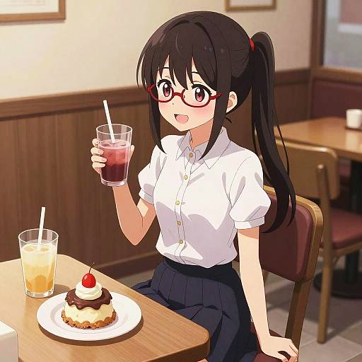Anime-style drawing of a black-haired girl with red glasses, white shirt, black skirt, holding a drink, sitting at a café table with dessert.