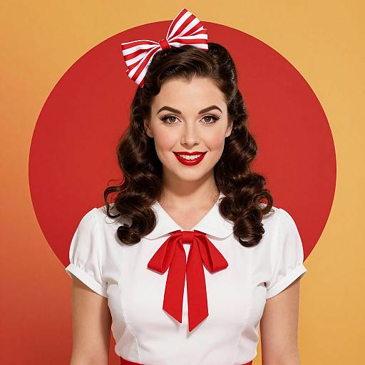 Vintage-style photograph of a smiling woman with dark, wavy hair, red lipstick, white blouse, red bow, and red ribbon, against a red