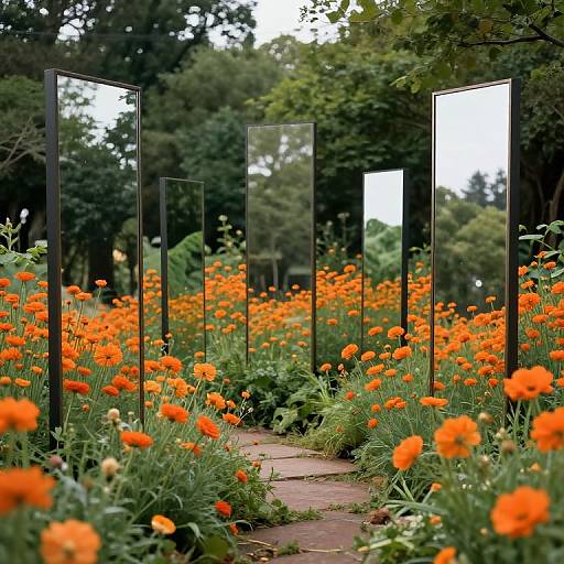 Sentient Mirrors Among Vibrant Flowers
