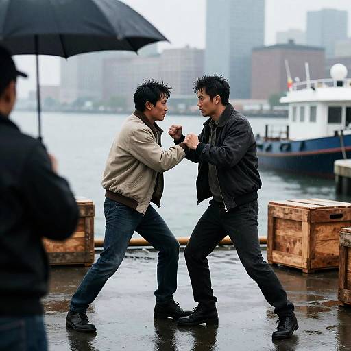 Intense Fight on Rainy Dock