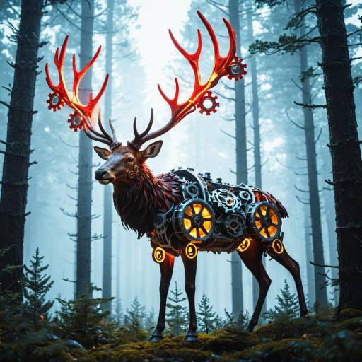 Mechanical Elk with Glowing Gears in Forest
