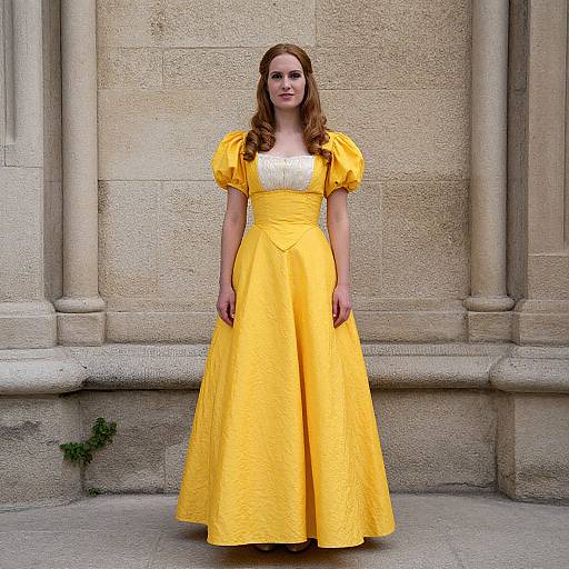 Photograph of a fair-skinned woman with long red hair, wearing a bright yellow, puffed-sleeve, Victorian-style dress with a white