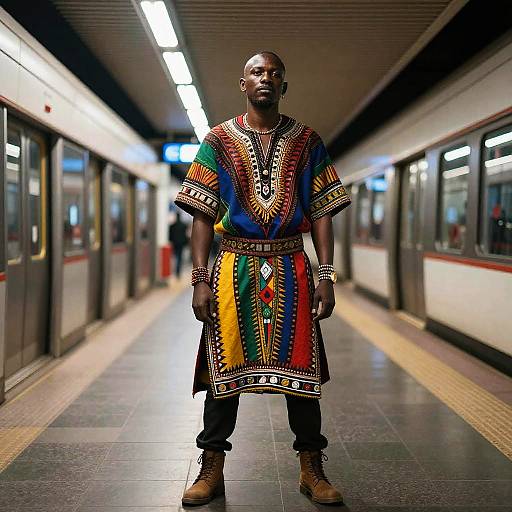 Photograph of a tall, dark-skinned African man standing in a subway station. He wears a colorful, patterned African dress with short sleeves,