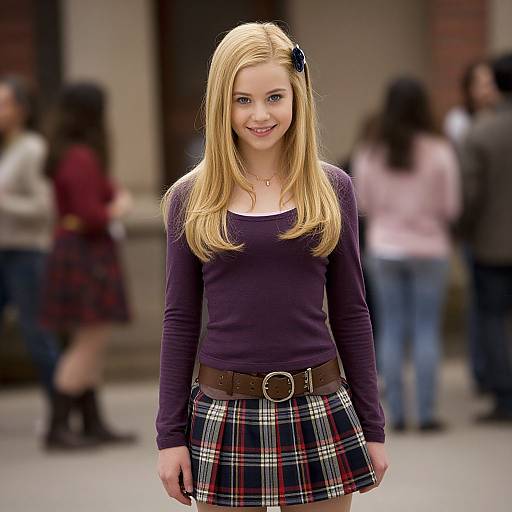 Photograph of a smiling blonde teenage girl with straight hair, wearing a purple long-sleeve top, plaid skirt, brown belt, and blue