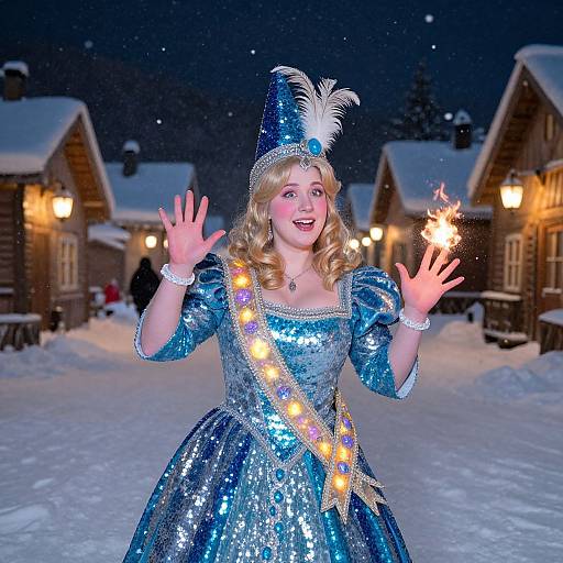 Photograph of a blonde woman in a sparkly blue circus-style dress and hat, holding sparklers, standing in a snowy, nighttime village.