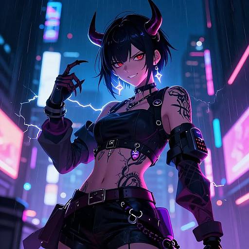 Digital anime-style illustration of a dark-haired, red-eyed demon girl with black horns, wearing a black crop top, gloves, and shorts, set in
