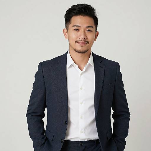 Photograph of an Asian man with short black hair and a mustache, wearing a black suit and white shirt, standing against a plain white background.